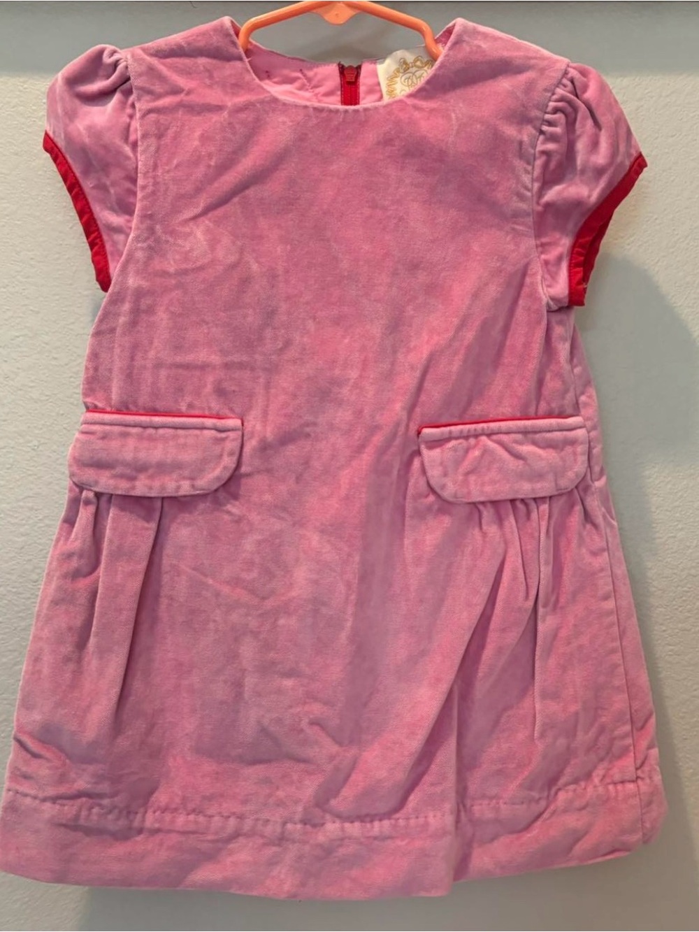 Girls Pink Velour Pocket Dress